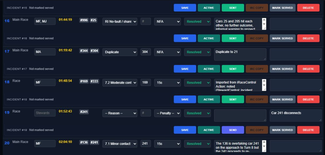iStewards Live incident queue showing an incident imported from iRaceControl through the Bridge