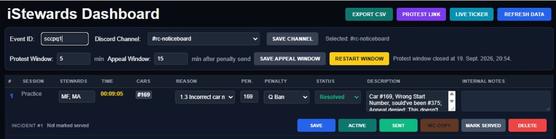 iStewards Live steward dashboard with event controls and active incident queue